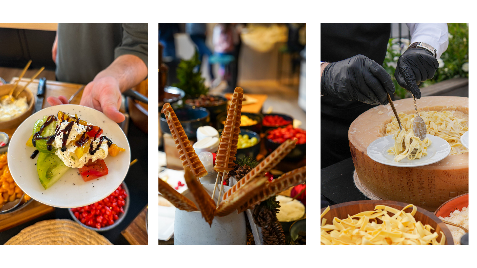 Chef preparing fresh pasta in a parmesan wheel, burrata salad with colorful tomatoes, and waffle sticks display at a live catering event in Miami by Taste Corner.