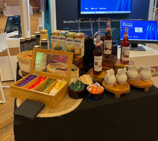 Coffee station setup at Taste Corner’s branded activation during a professional trade show in South Florida