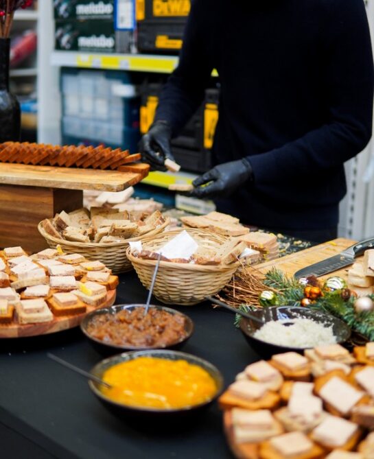 Chef preparing foie gras live station at Taste Corner event catering in South Florida