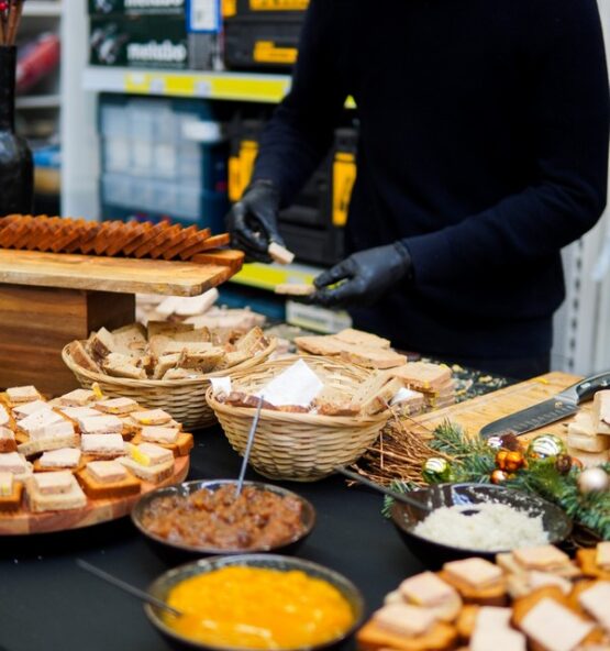 Chef preparing foie gras live station at Taste Corner event catering in South Florida