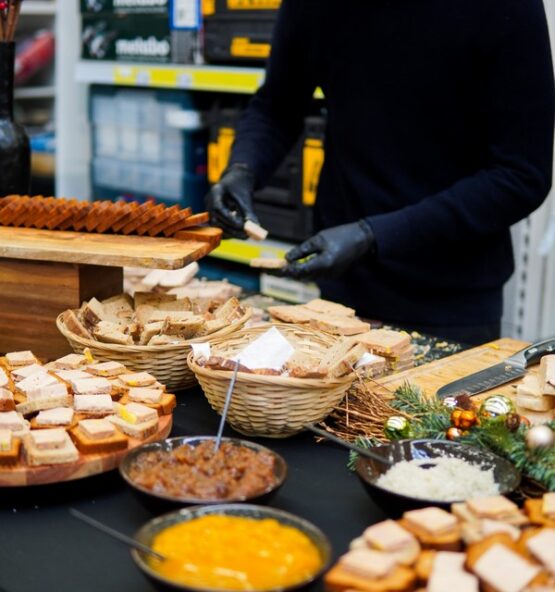 Chef preparing foie gras live station at Taste Corner event catering in South Florida