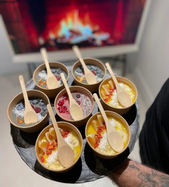 Customized smoothie bowls at Taste Corner’s live station during an event in South Florida