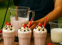Chef preparing milkshakes with whipped cream and fruits at Taste Corner’s station