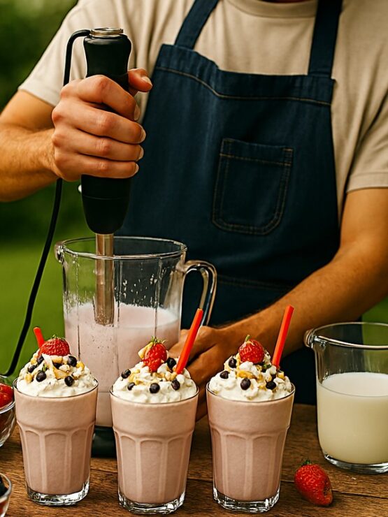 Chef preparing milkshakes with whipped cream and fruits at Taste Corner’s station